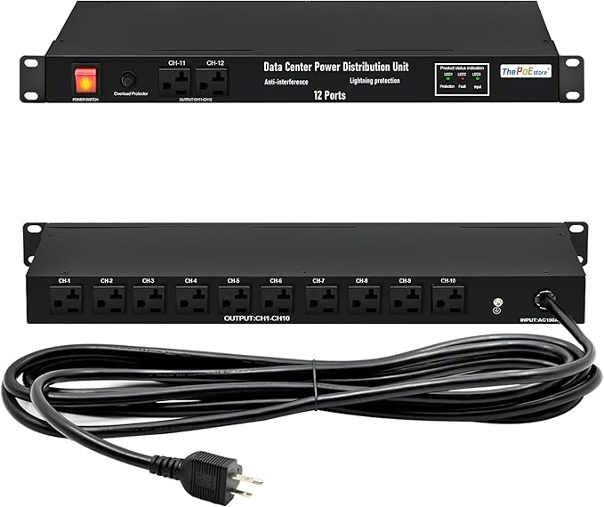 ThePoEstore 1U Horizontal PDU 19" Rack Mount Power Strip