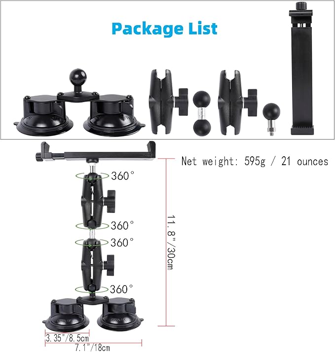 FPN Dual Suction Cup Tablet Mount for Truck/Car, 13.4 Inch Aluminum Arm, 360° Adjustable 2-Stage Tablet Stand Holder, Compatible with iPad Pro/Air/Mini, Galaxy Tab and All 6.5-12.9" Tablets