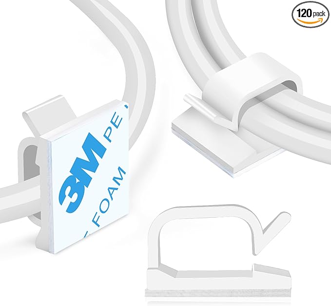 XHF 3/4” Adhesive Cable Wire Clips White 60PCS, Cable Staples Outdoor Cable Management Wire Organizer Cord Holder for Under Desk, Car, Wall, TV PC Ethernet Cable