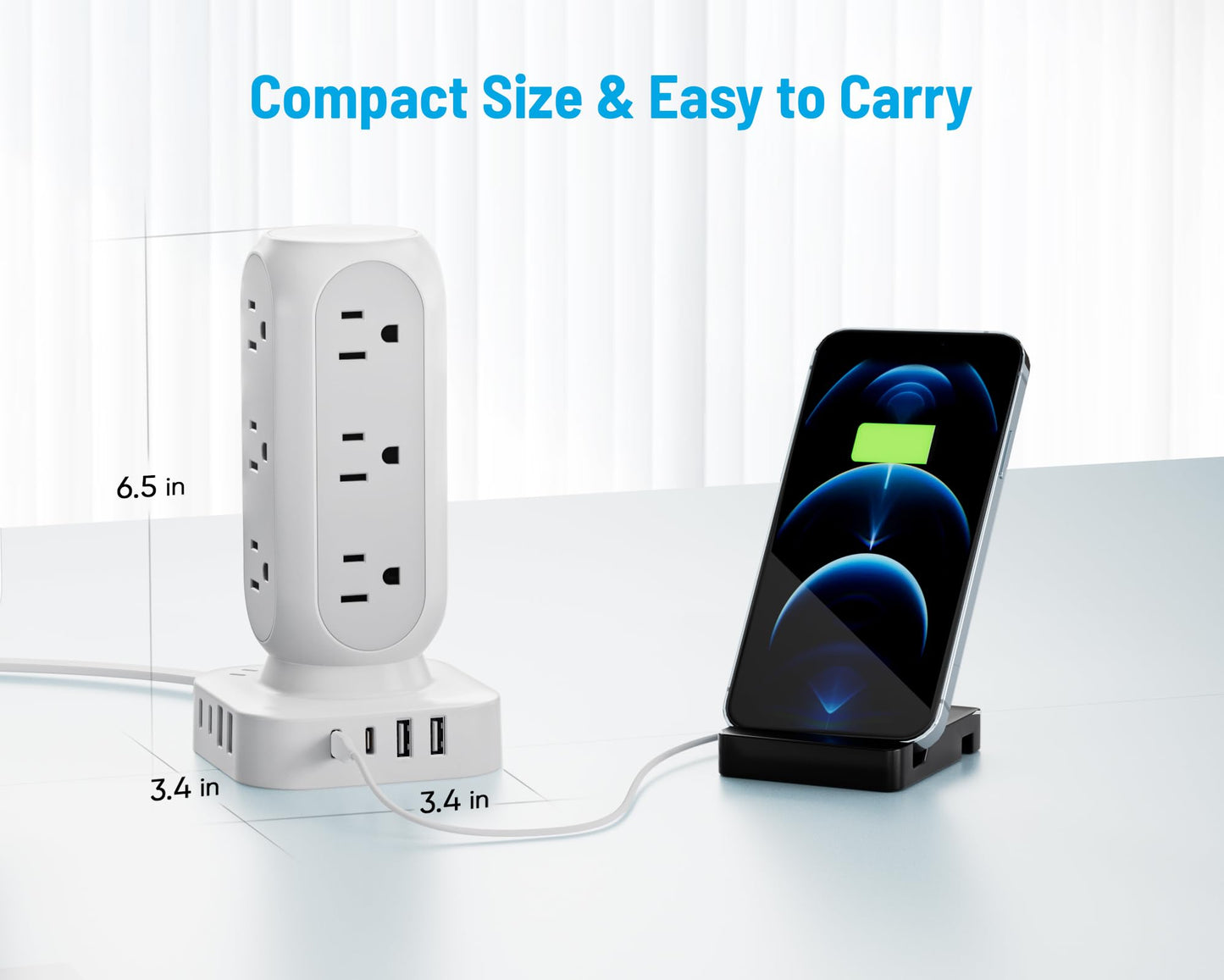 Flat Plug Power Strip Tower, TenTrend 65W Max Charging Tower with 12 AC Outlets & 8 USB Ports (4 USB C), 82W Total Fast Charging Station, 10FT Extension Cord for Desk Office Dorm Room