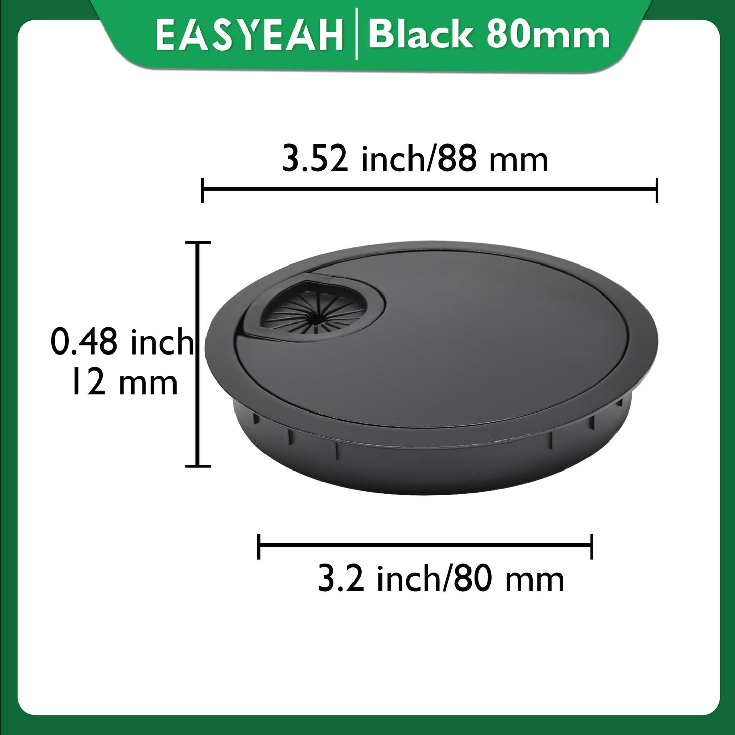 EASYEAH 1 Pcs Desk Grommet 3-1/8" / 80 mm, Desk Cord Hole Cover, Cable Grommet Metal Zinc Alloy Materilal, Desk Hole Grommet for Home & Office Pc, Detachable Cable Cord Organizer-Flat Black