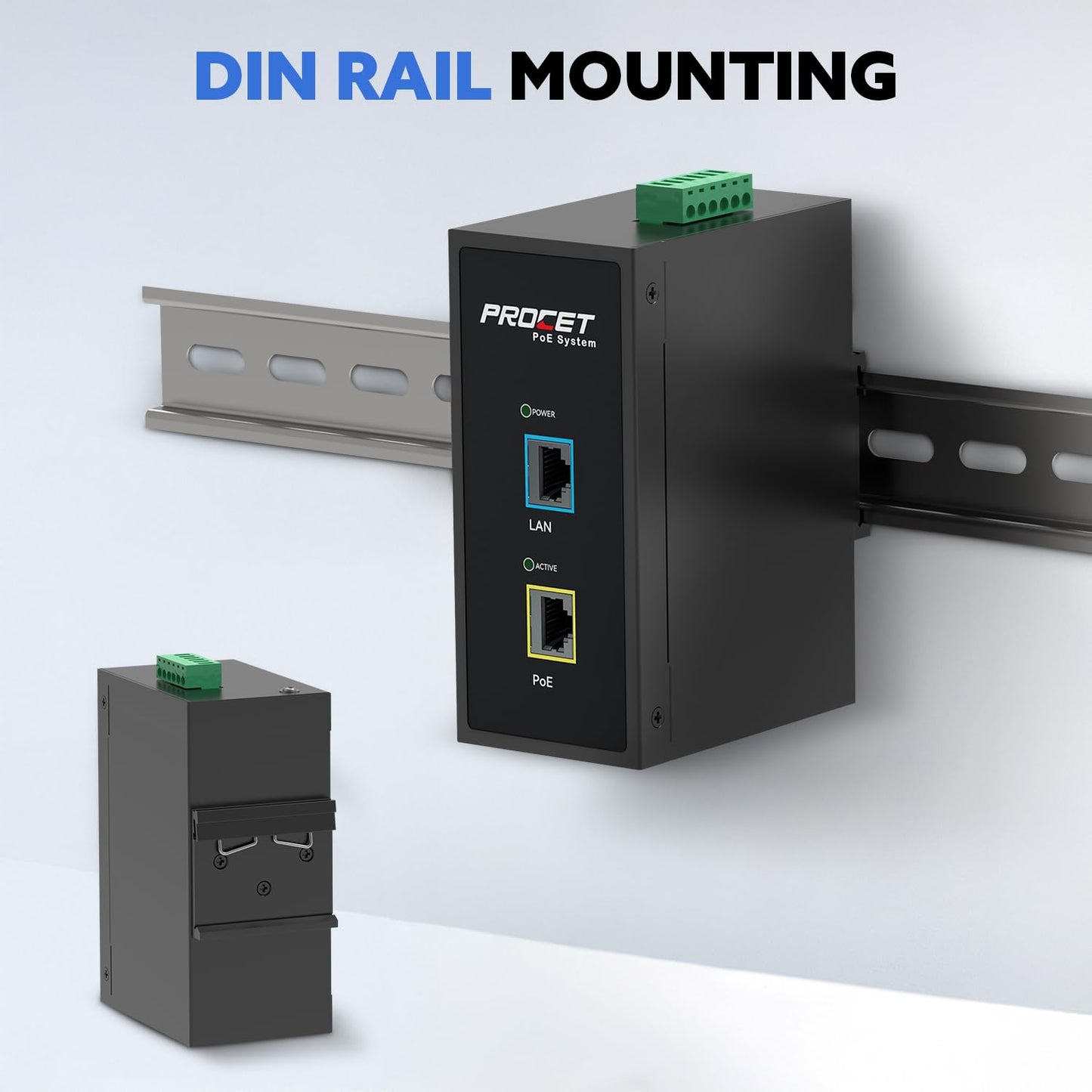 PROCET 10 Gbps Gigabit PoE++ Injector Din Rail, 60W Industrial Adapter with Wide Temp -40°F to 149°F, 6KV Surge Protection, AC/DC Input, IEEE802.3af/802.3at/802.3bt, PT-PSE105GB-AC-10