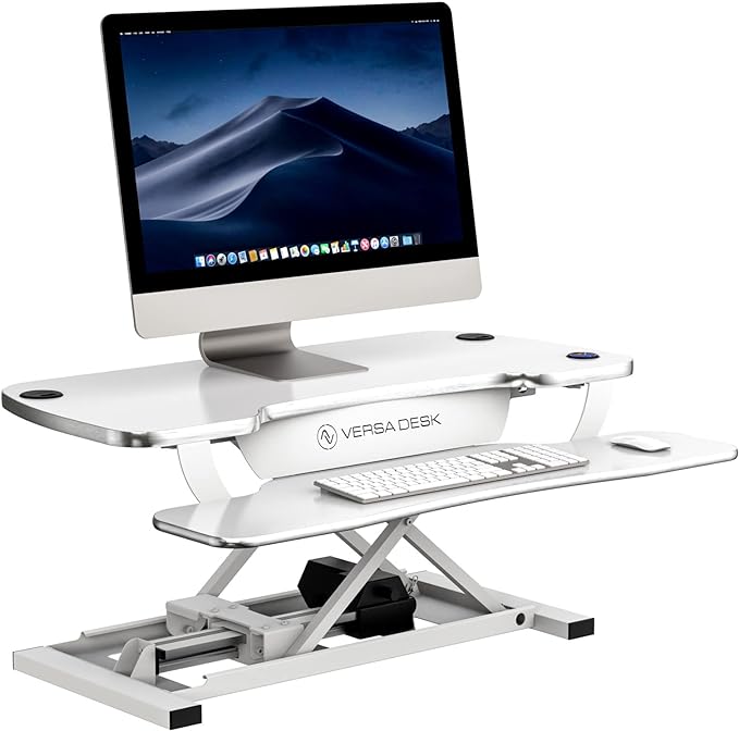 PowerPro 40 Inch Electric Standing Desk Converter – Push-Button Height Adjustable Sit to Stand Desk Riser for Triple Monitors & Laptop – Motorized Desktop Workstation with Wide Keyboard Tray