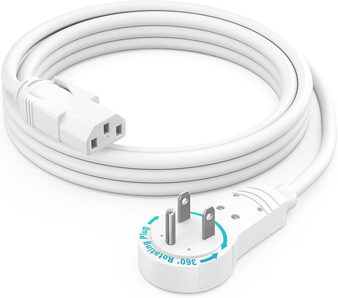 Maximm Monitor Computer Power Cord 10 Ft Flat Plug 360° Rotating PC Cable 3 Prong for, Desktop, Printer, Scanner, 16 AWG NEMA 5-15P to IEC13 - UL Certified