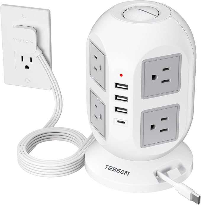 TESSAN Tower Power Strip 10 ft, Long Flat Extension Cord,Multiple Outlets