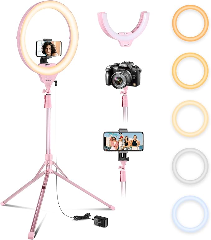 Aureday 14'' Selfie Ring Light with 62'' Tripod Stand and Phone Holder, Dimmable LED Phone Ringlight for Makeup/Video Recording/Photography, Circle Lighting for All Cell Phones&Lightweight Cameras