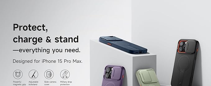 SURITCH for iPhone 15 Pro Max Case with Magnetic Camera Slide Cover and Adjustable Kickstand, Compatible with MagSafe, Shockproof Bumper Case Slim Protective Cover 6.7 Inch, Dark Purple