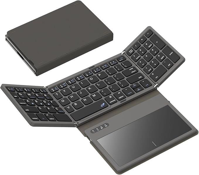 GEODMAER Foldable Bluetooth Keyboard, Portable Full Size Folding Keyboard with Large Touchpad, Numeric Keypad, PU Leather, Wireless TravelKeyboard for Windows Android Mac(Sync up to 3 Devices)