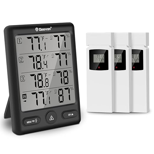 Geevon Indoor Outdoor Thermometer Wireless with 3 Remote Sensors, Digital Hygrometer Indoor Thermometer, Temperature Humidity Monitor Gauge with 200FT/60M Range