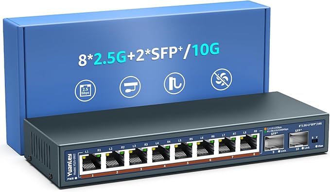 YuanLey 8-Port 10G Ethernet Switch, 8 x 10Gbps RJ45 Ports, Support 10G/5G/2.5G/1G/100Mbps Speed Auto-Negotiation, 160Gbps Switching Capacity, Unmanaged Switch Rackmountable, Plug and Play