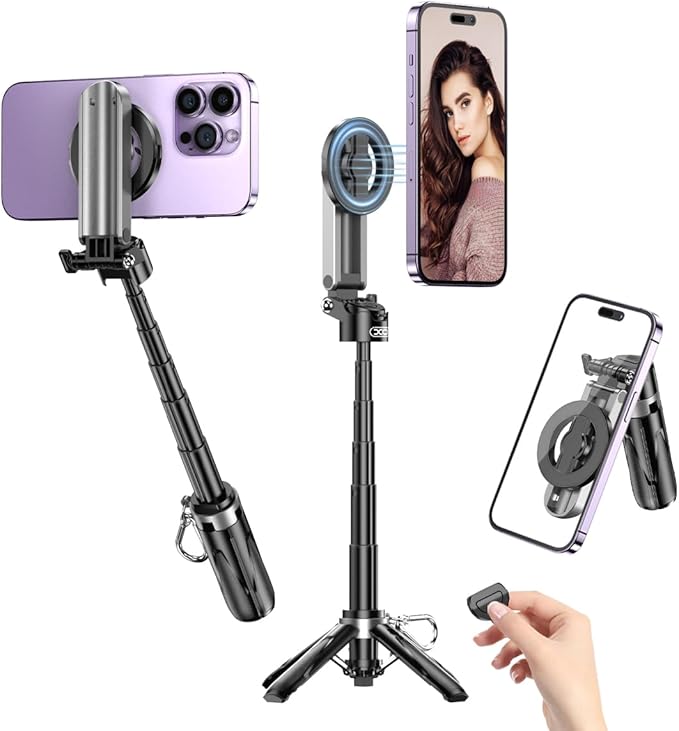 Magnetic Mini Phone Selfie Stick with 2 Fill Light, 360° Rotation Portable Phone Travel Tripod with Remote Control,Magnetic Chuck & Clip Selfie Stick for iPhone Android TIK Tok/Live/Video Recording