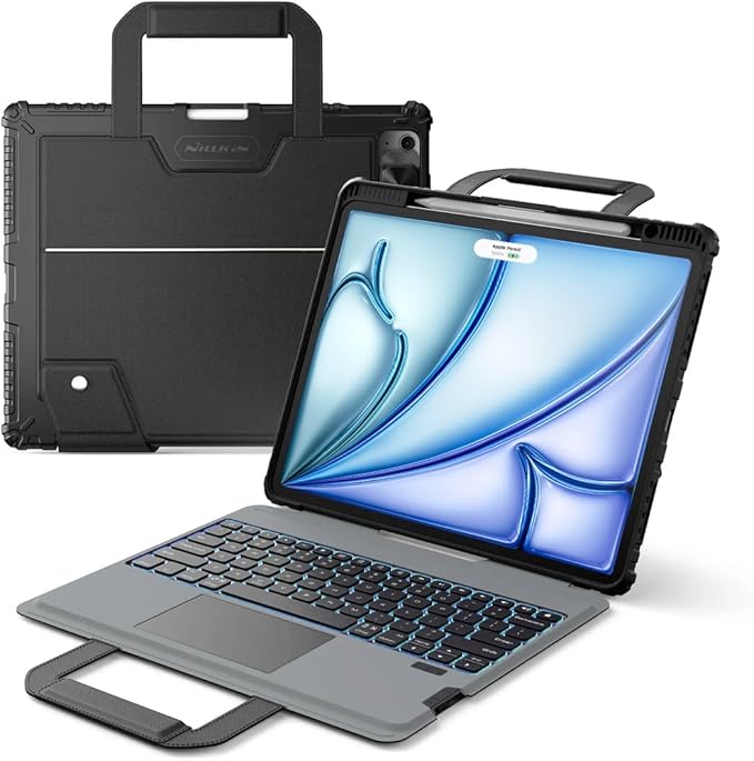 Nillkin Carry Go Keyboard Case for iPad Air 13 inch (M4/M3/M2) with Handle, iPad Pro 12.9 (3rd-6th Gen) Rugged Case with Detachable Keyboard, Magic Trackpad, 7 Colors Backlit, Camera Cover