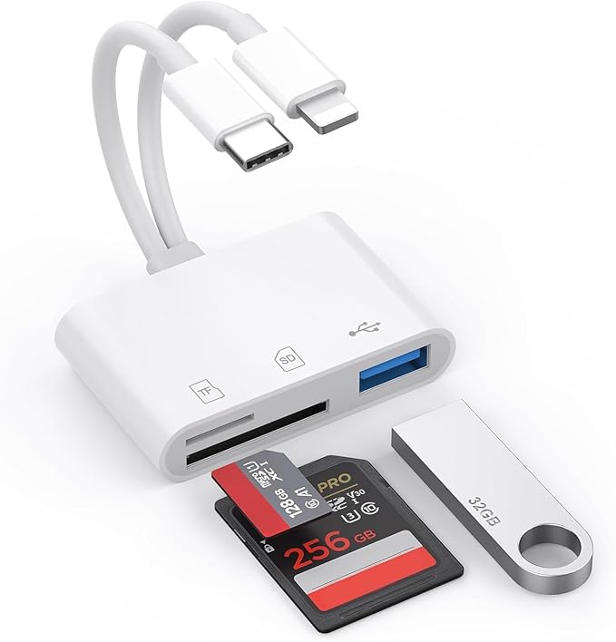 Aplimln SD Card Reader for iPhone iPad Mac, Lightning & USB-C Dual Interface Memory Card Reader with SD/Micro SD/USB-A 3 Slots, Digital Camera Adapter to iPhone, Plug & Play