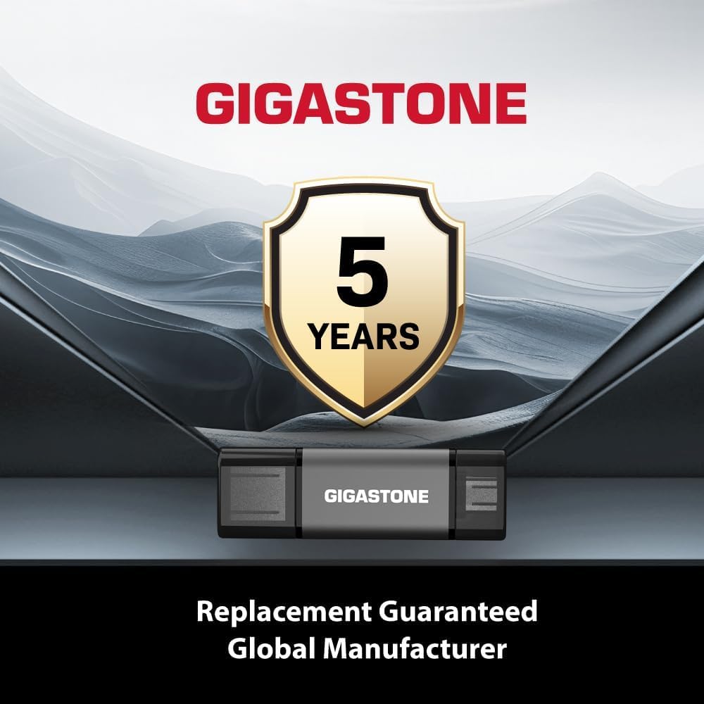 GIGASTONE 64GB Dual USB Flash Drive 5-Pack, USB 3.2 Gen 1, 2-in-1 USB C+A, Speed Up to 100MB/s, Head Cap Design Thumb Drive, Plug & Play for Smartphone/PC/Mac/TV/Car Audio, USB 2.0/3.0/3.1 Compatible