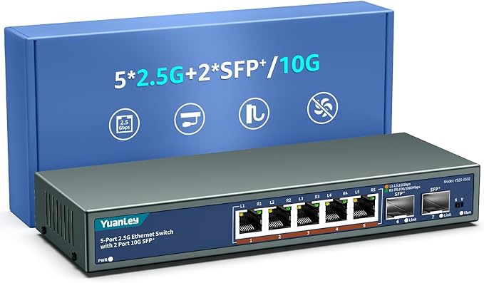 YuanLey 16 Port 2.5GB Unmanaged Ethernet Switch, 16 x 2.5G Base-T Ports, Compatible with 100/1000/2500Mbps, Metal Fanless, Desktop/Rack Mount YuanLey 2.5 Gigabit Network Switch for Wireless AP, PC