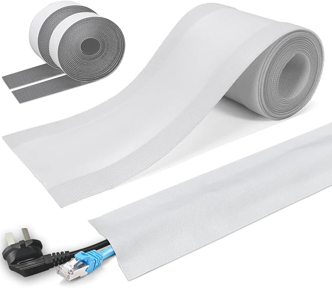 Floor Cable Covers - Oxford Fabric Cord Protector with Adhesive Hook & Loop,Waterproof Wire Storage Sleeve for Any Floor Surface,Durable Cable Management to Prevent Tripping Hazards (White