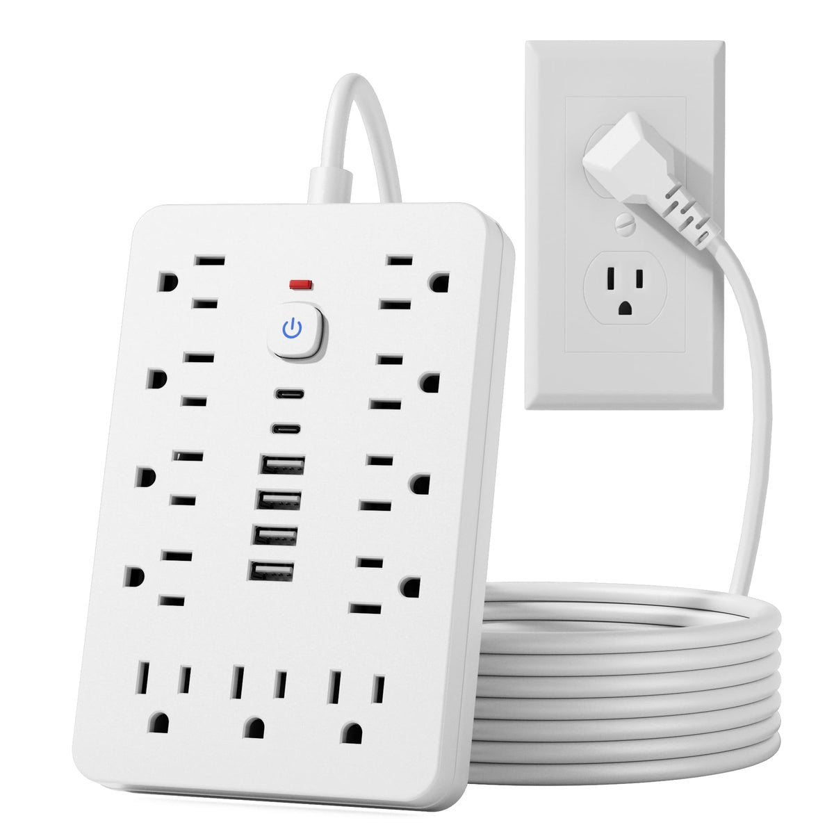 JouleLoom 10 FT Flat Plug Power Strip,11 Multiple AC Outlets with 6 USB Ports (2 USB C), 6 Feet Extension Cord, 1250W/10A, One Touch Switch Button, White