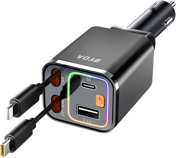 4 in 1 Retractable Car Charger with Starry Light,69W USB-C Fast Car Charger, for iPhone 17/16/15/14/13/12/11, Android,Pixel,Cigarette Lighter Charger (for Lightning+Type C &RGB)