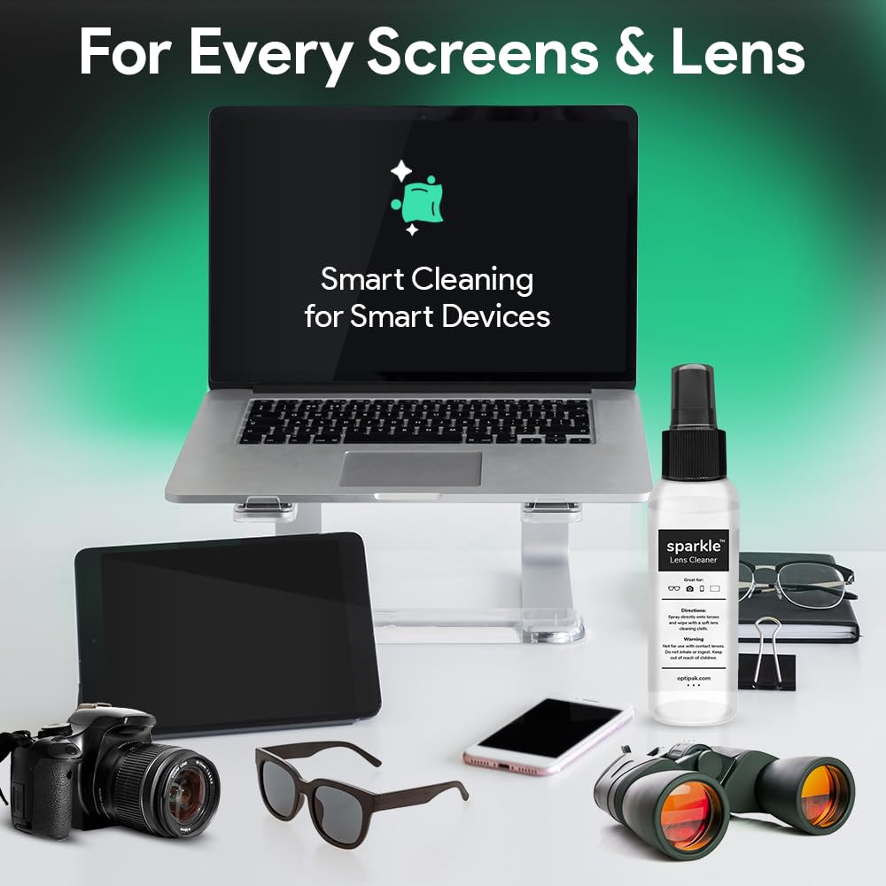 OPTIPAK Sparkle Anti-Reflective Lens Cleaner Spray kit | (1) 2oz Glasses Cleaner Spray + (1) Microfiber Cloth for Eyeglasses, Sunglasses, Lenses, Screens and Camera Cleaning Kit (2 Piece Set)