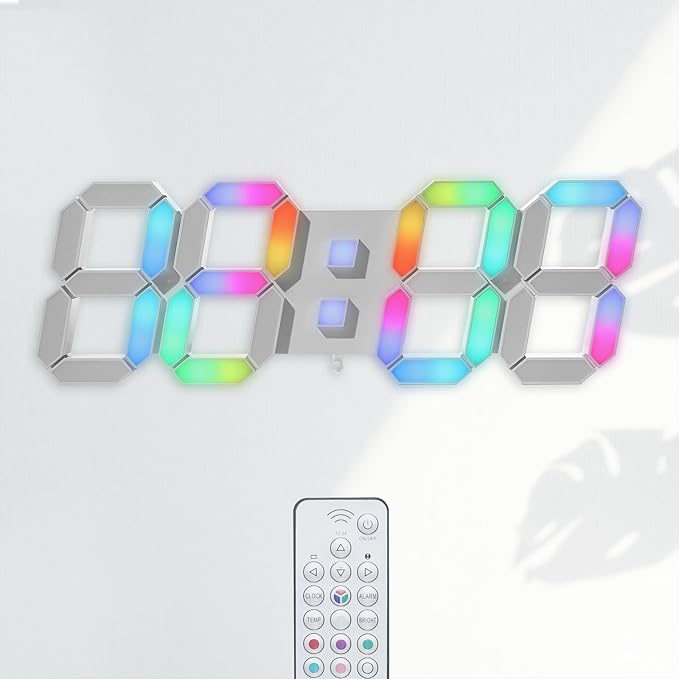 KOSUMOSU LED Digital Clock Neon Clock 9.7" Black Gaming Clock RGB LED Wall Clock for Living Room Desk Clock Large Display Clock for Bedroom, Black Clock with Dimming