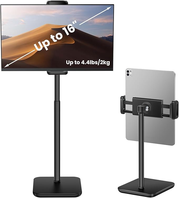 tounee Height Adjustable Tablet Stand, 3.5lb (1.6kg) Max Support, Up to 18" Tall, Slim Portable Monitors Stand Compatible with iPad Pro 12.9, Surface Pro