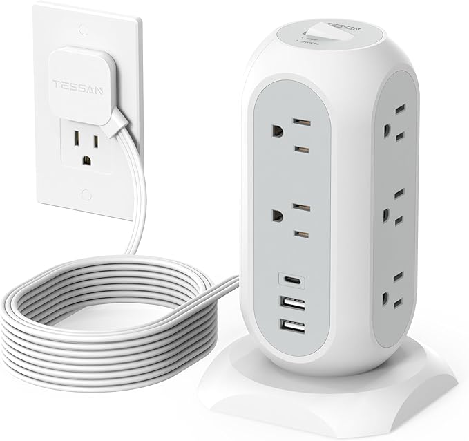 TESSAN Tower Power Strip Flat Plug with 1050J Surge Protection, 6 Ft