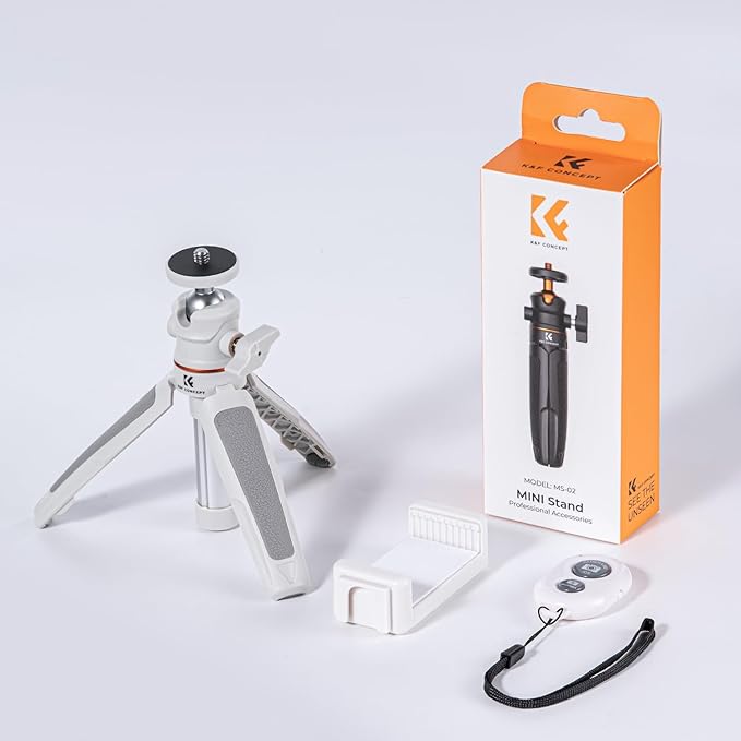 K&F Concept Selfie Stick Tripod, 360 Degree Rotation Mini Phone Stand with Ball Head and Cold Shoe Mount, Cellphone Holder with Wireless Remote for Smartphone White