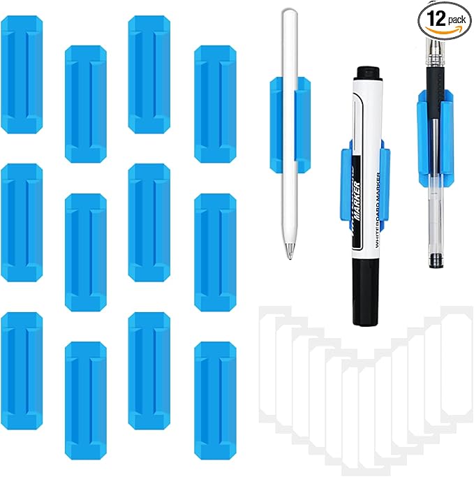 12 Pack Silicone Pen Holder/Pencil for Desk with 12 Extra Adhesive Stickers