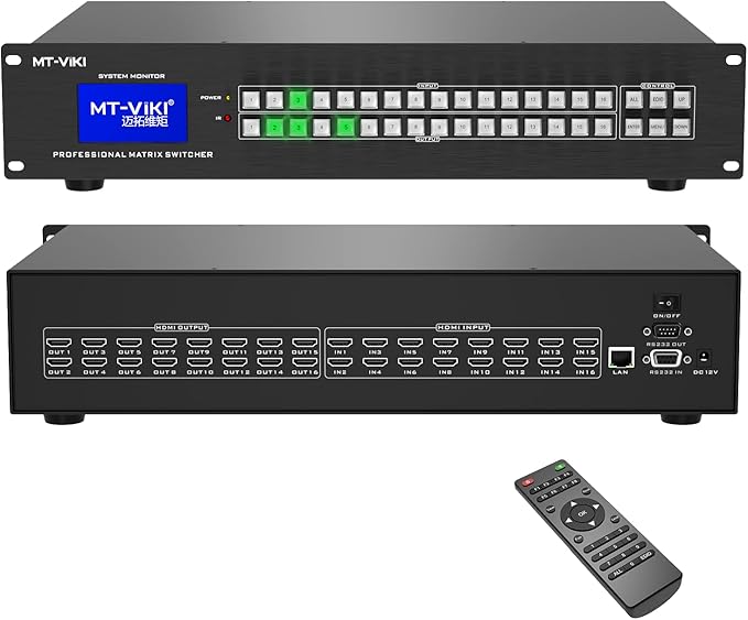 MT-VIKI 4K HDMI Matrix Switch 4x4 with Audio Extraction +Web GUI+ Remote, Rack Mount Switcher & Splitter, 4K@30Hz, EDID, RS232, LAN Port, APP for Conference Room, Church (4 in 4 Out)