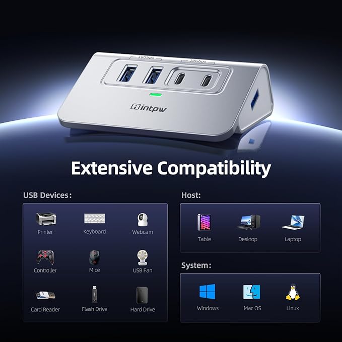Intpw USB 3.2 Hub,Aluminum 4 Port USB Splitter 10Gbps with 2 USB C/USB A 3.2 Data Ports, 3.3ft Cable, USB HUB for PC/Laptop/Xbox/FlashDrive/Printer/Camera/Keyborad/Mouse