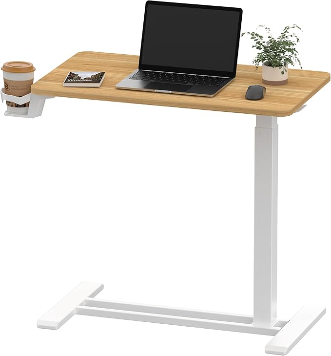 SANODESK Medical Adjustable Overbed Bedside Table with Hidden Casters, Pneumatic Mobile Laptop Computer Standing Desk Cart Overbed Table with Tray, Hospital and Home Use(27.6" W x 15.7" D, White)