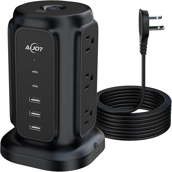 AiJoy Power Strip Tower with 9 AC Outlets and 5 USB Ports Charging Station