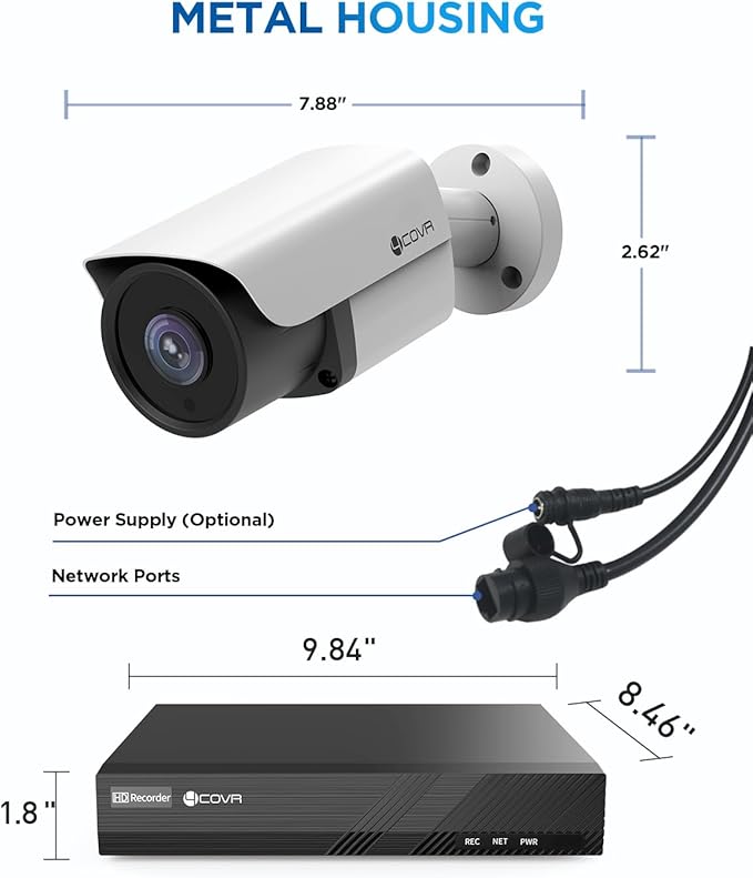 4COVR IP Security Camera System PoE Built-in Mic, 8CH 4K H.265 NVR with 2TB HDD, AI Human Vehicle Detection, 8Pcs 5MP Commercial IP67 IP Bullet Camera Night Vision, 24/7 Recording, LY37EX5M0808