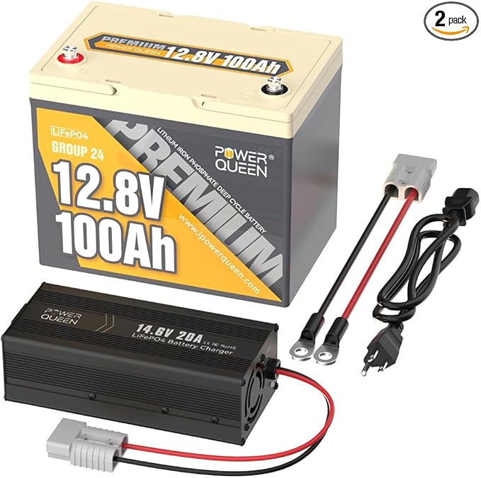 Power Queen 12.8V 100Ah LiFePO4 Battery with 14.6V 20A LiFePO4 Battery Charger; Built-in 100A BMS, 1280Wh Lithium Battery 15000+ Cycles, Perfect for RV, Trailer, Camping, Solar System