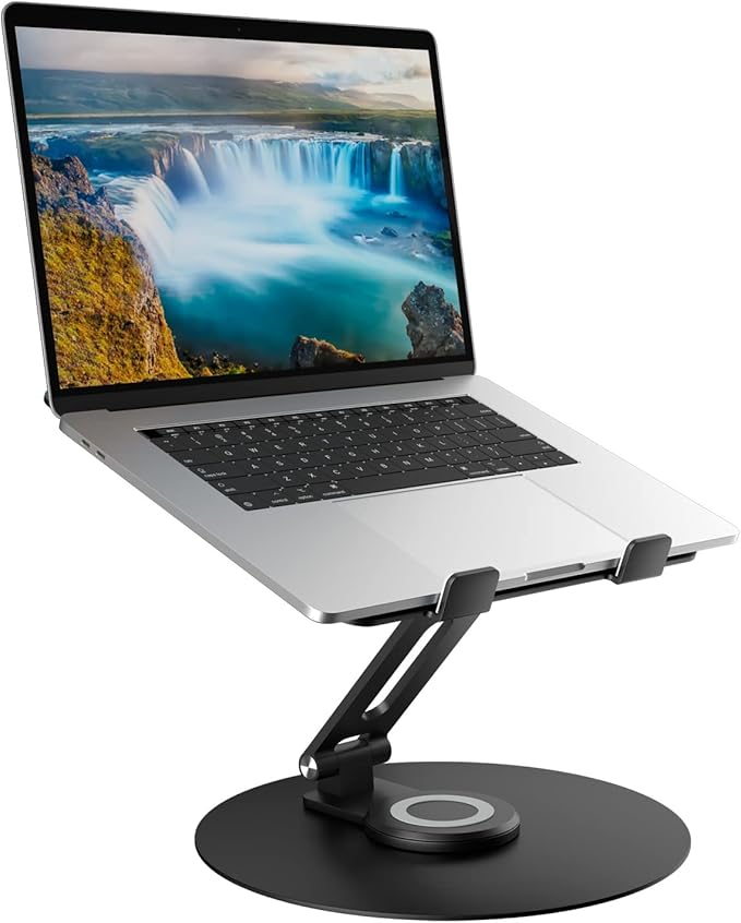 Swivel Laptop Stand for Desk, Adjustable Height Aluminum Computer Stand with 360 Rotating Base, Foldable Ergonomic Riser, Portable Laptop Holder Compatible with MacBook, All Laptops 10-17''