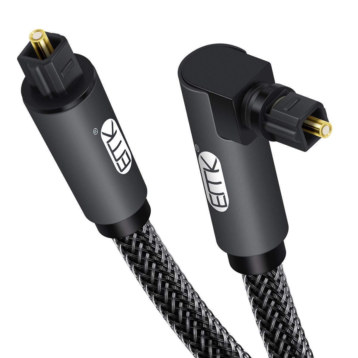 EMK 90 Degree Toslink Optical Cable 360 Degree Free-Rotating Plug Fiber Optic Cable S/PDIF Toslink Male to Male for Home Theater, Sound Bar, TV, PS4, Xbox,Grey (25ft/7.6m)