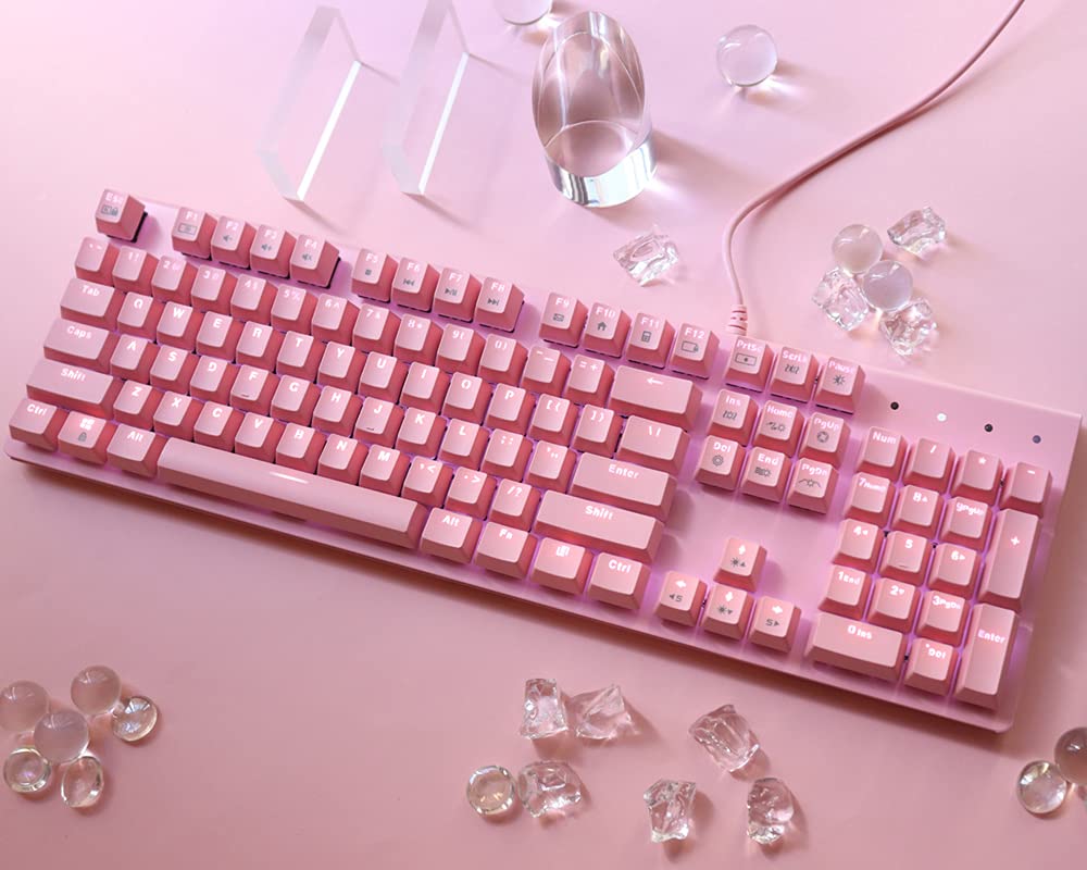 i-rocks K75M Illuminated Mechanical Keyboard, 104 Keys, PBT Keycaps, Backlit LED Light and Shortcut Keys - Programmable Light & Macro Recorder (Cherry MX Red Switch, Pink)