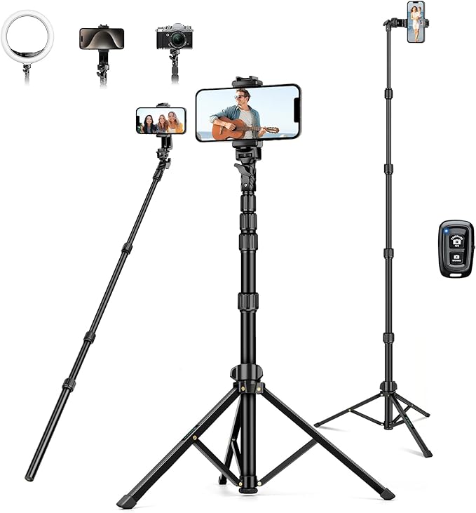Nineigh Phone Tripod, 70" Selfie Stick Tripod Stand Cell Phone Tripods with Remote Phone Holder Carry Bag, Aluminum Alloy Selfie Stick Tripods, Compatible with iPhone Samsung GoPro Smartphone