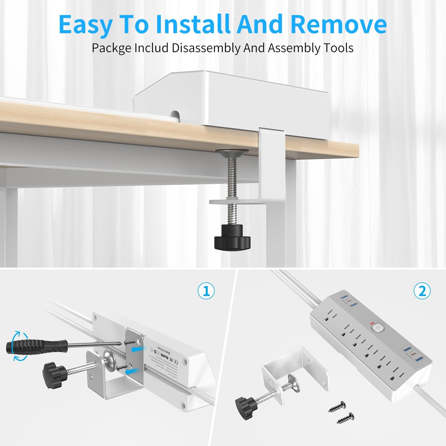 Desk Clamp Power Strip with 40W Fast Charging USB-C, JXGUCAT 10Ft Desk Mount Surge Protector with 6 Outlets 6 USB Ports, Flat Plug Extension Cord Home Office Essentials, Fit 2.48" Tabletop Edge