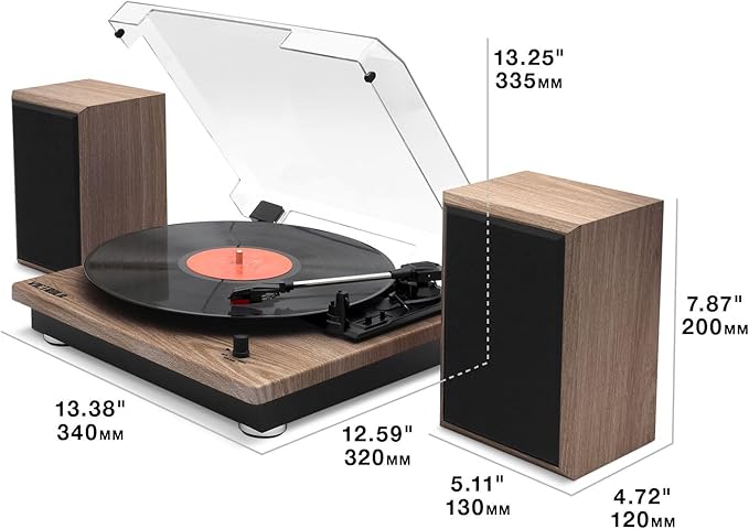 Victrola Montauk Vinyl Record Player, 3-Speed Belt Driven Turntable with Stereo Bluetooth Speaker Pair, RCA Output & 3.5mm Headphone Jack, Removable Dust Cover, Black Wood Finish