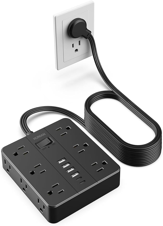 Extension Cord Power Strip 15 Ft Cord, HUNIAN Flat Plug Extension Cord with 12 Widely Spaced Outlets 6 USB Charger (2 USB C Ports), Desk Charging Station for Home Office Supplies, Dorm Room