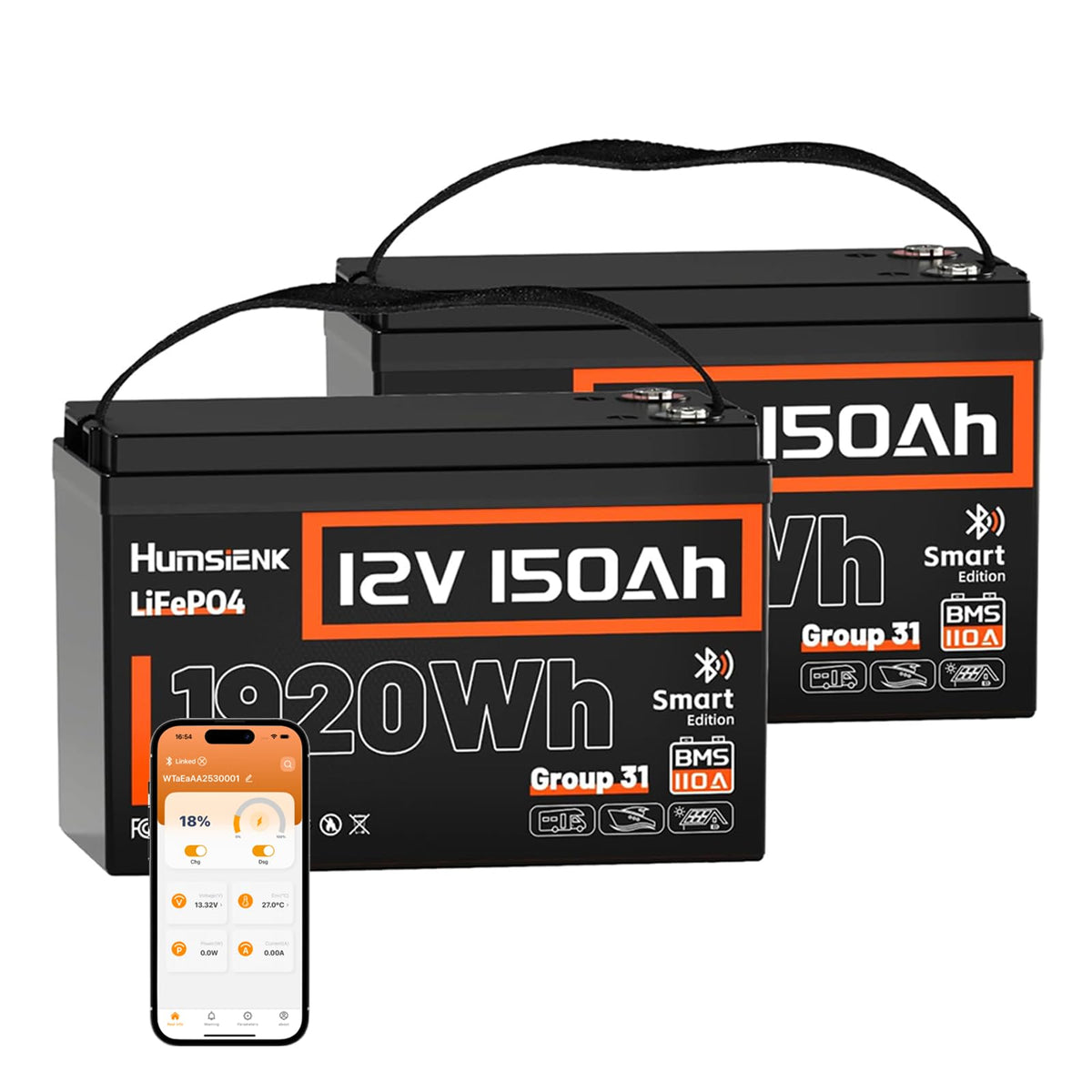 HumsiENK 2 Pack 12V 150Ah LiFePO4 Lithium Battery Bluetooth, BCI Group 31
