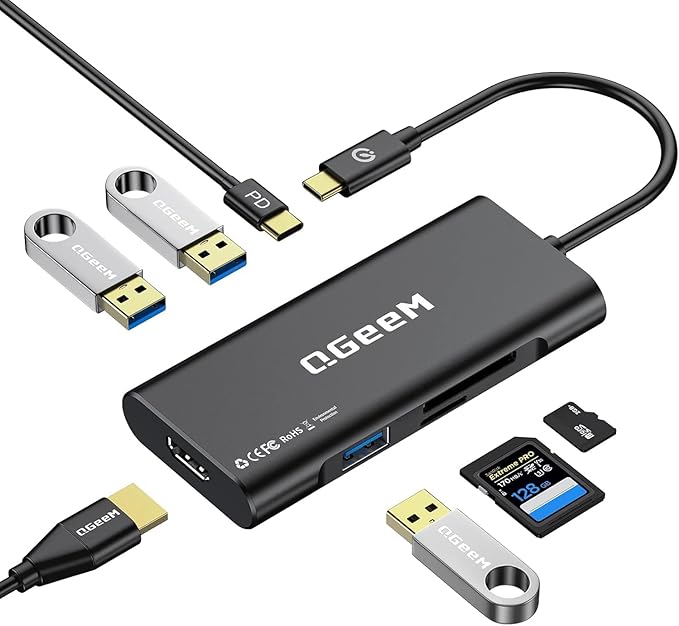 USB C Hub, QGeeM USB 4k to HDMI Adapter, 7 in 1 USB-C Dongle with 100W PD,USB 3.0, Card Reader, Compatible for MacBook iPhone 15/17 Ipad Pro max,Chromebook Laptop USB Type C Dock-Purple