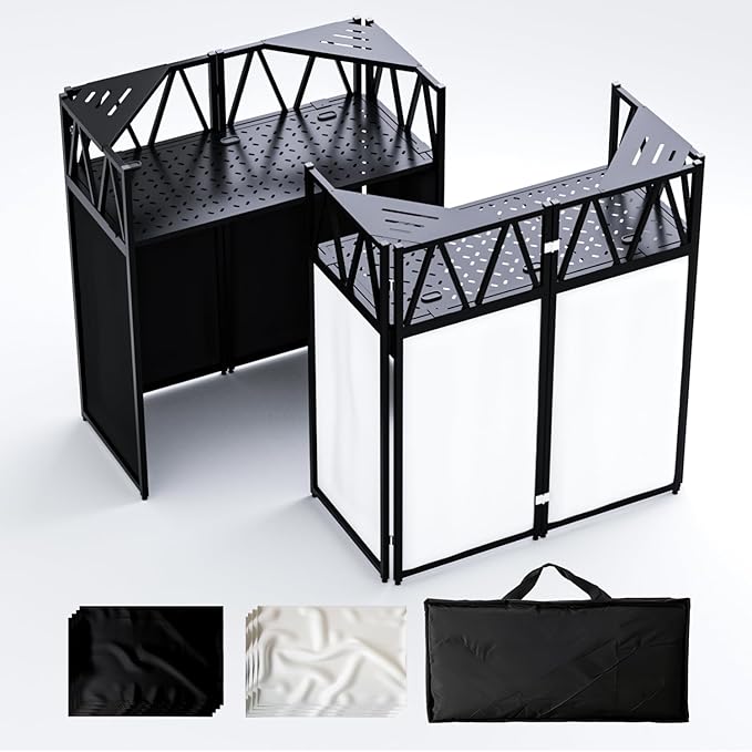 RDCMKL DJ Table Stand Portable Booth, All-Metal Heavy-Duty Foldable DJ Stand, Iron Plate Surface DJ Facade Booth, with 8 Machine-Washable Scrims, Travel Bag