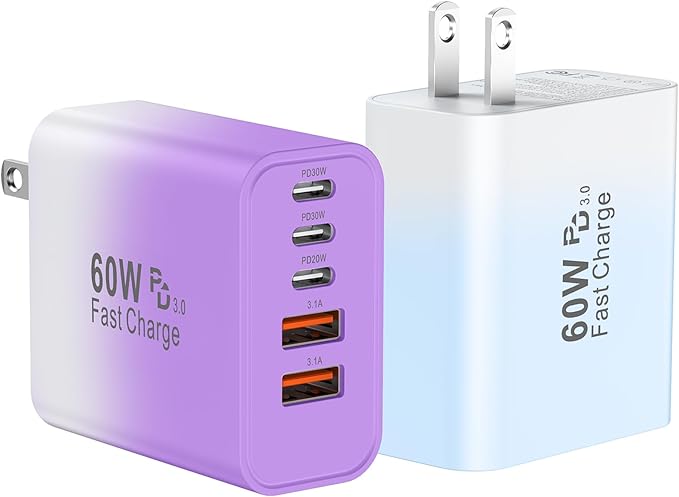USB C Fast Wall Charger Block, 2Pack 60W USBC Charging Cubes, 5-Port PD+QC Power Adapter Multiport Brick Type C Box Plug for Phone 17/16/15/14/13/12/11/Pro Max/Plus