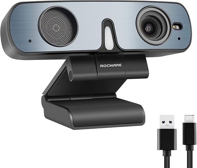 ROCWARE RC08 2K Webcam with Speaker, Webcam for PC, HD Web Cam with Noise Reduction Mic/Harman Speaker/4X Eptz/Privacy Cover/0.2S Auto-Focus/Low Illumination, Computer Camera for Zoom/Teams/Meeting