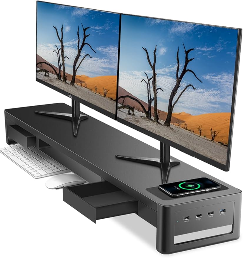 meatanty 3 In 1 Monitor Stand Riser with 2 Drawers,1 Wireless Charging Module and 4 USB Ports,Metal Computer Stand Support Transfer Data & Charging,Desk Organizer for PC,iMac (21 inches)