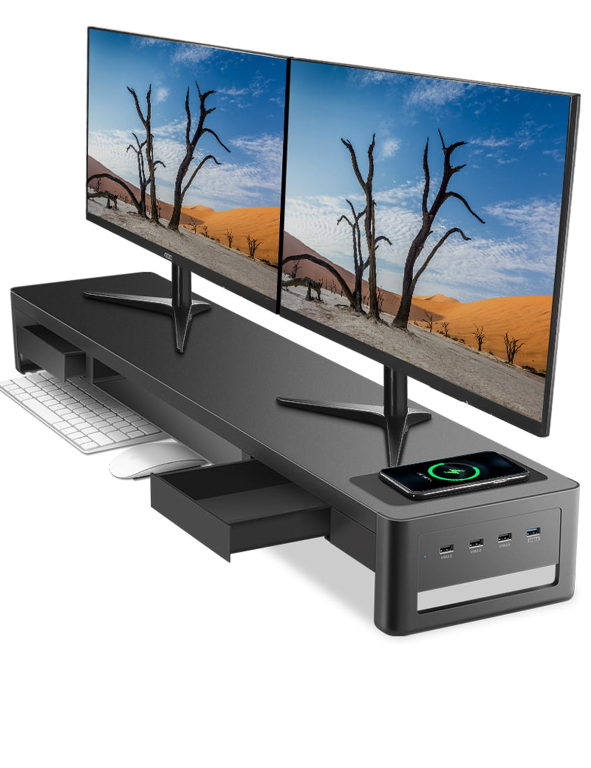 meatanty 3 In 1 Monitor Stand Riser with 2 Drawers,1 Wireless Charging Module and 4 USB Ports,Metal Computer Stand Support Transfer Data & Charging,Desk Organizer for PC,iMac (21 inches)