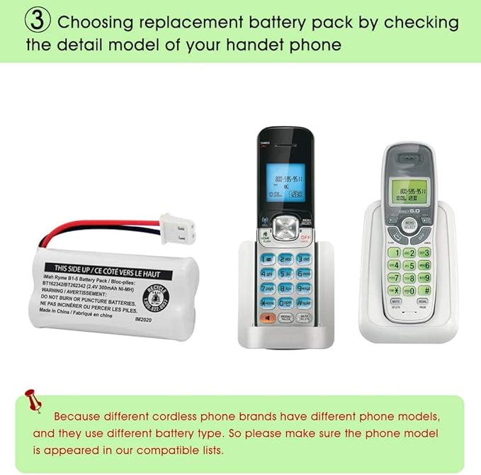iMah BT162342/BT262342 2.4V 300mAh Ni-MH Cordless Phone Battery Pack, Also Compatible with BT183342/BT283342 AT&T EL52351 TL90070 VTech CS5119 DS6511 DS6722 LS6305 Handset, 2-Pack