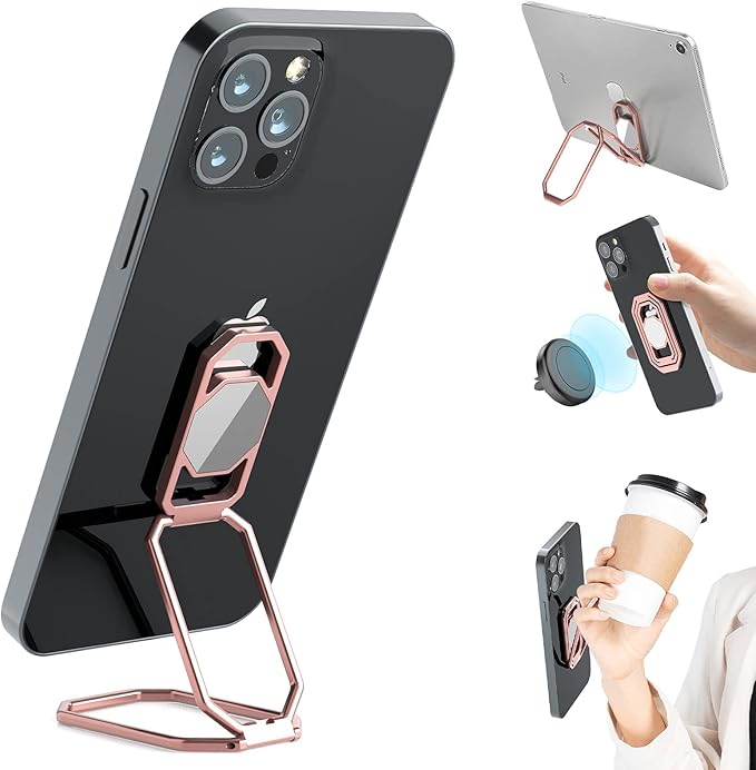 Phone Ring Holder Finger Kickstand, Upgraded 360° Rotation Metal Phone Grip for Magnetic Car Mount Foldable Cell Phone Stand Compatible with Most Smartphones